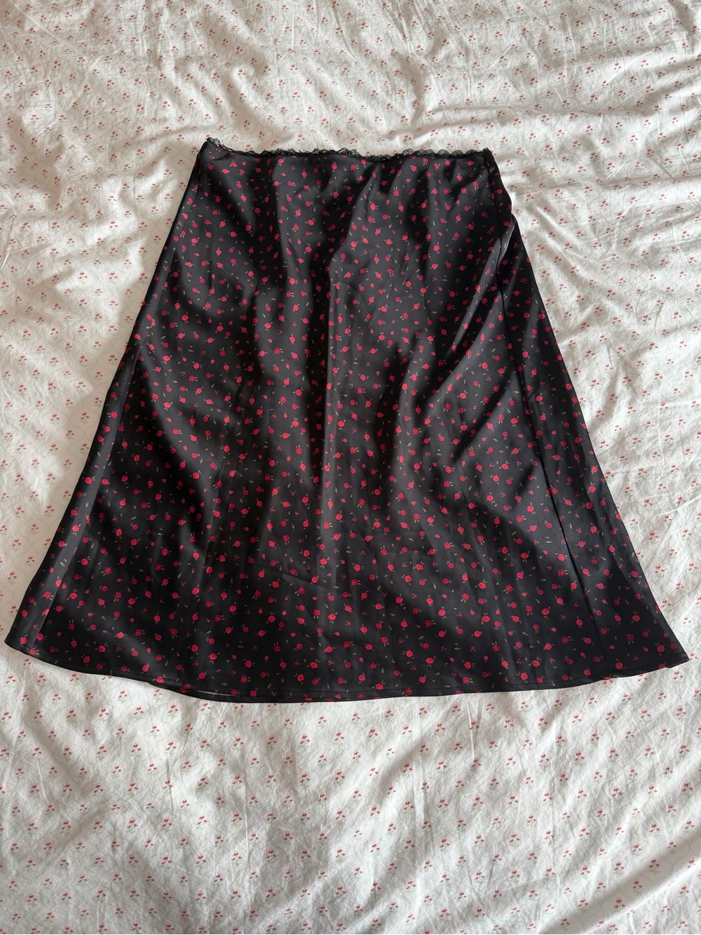 Garage Black A-Line Skirt with Red Floral Motif